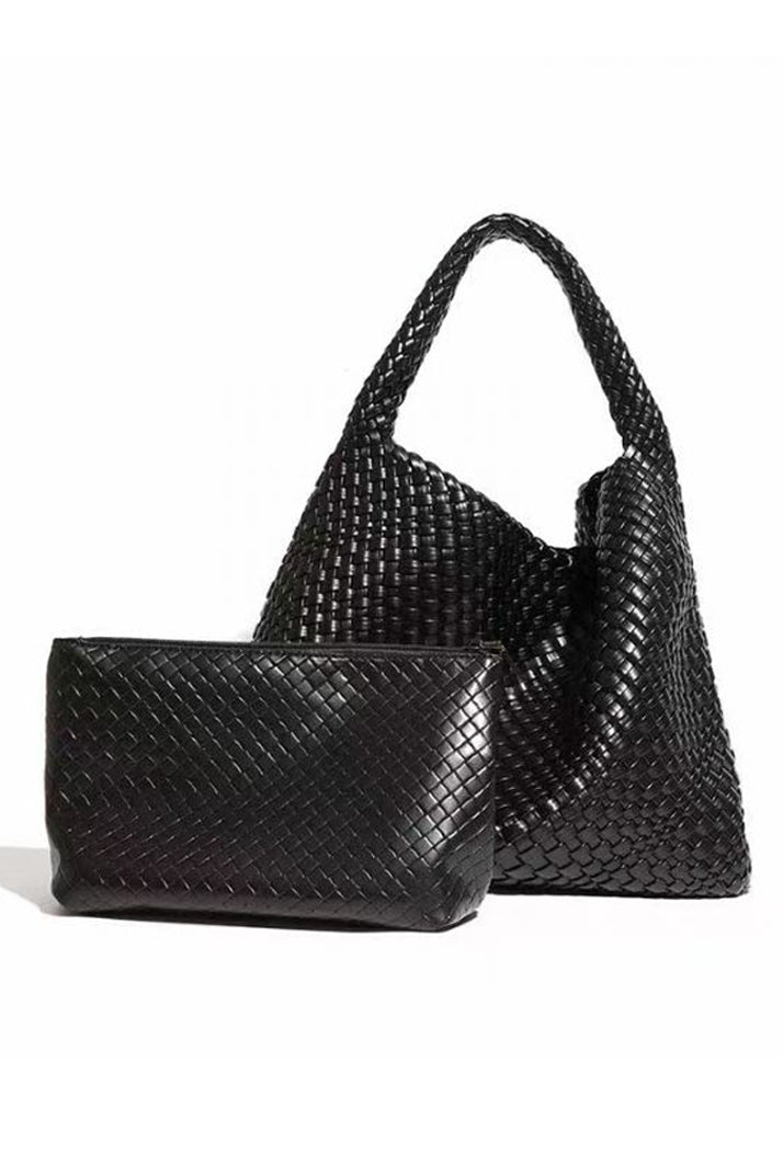Black Weave Two In One Shoulder Bag / Make Up Bag