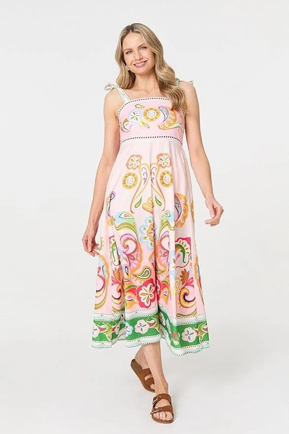 Stella Morgan Printed Tie Strap Empire Midi Dress - Pink
