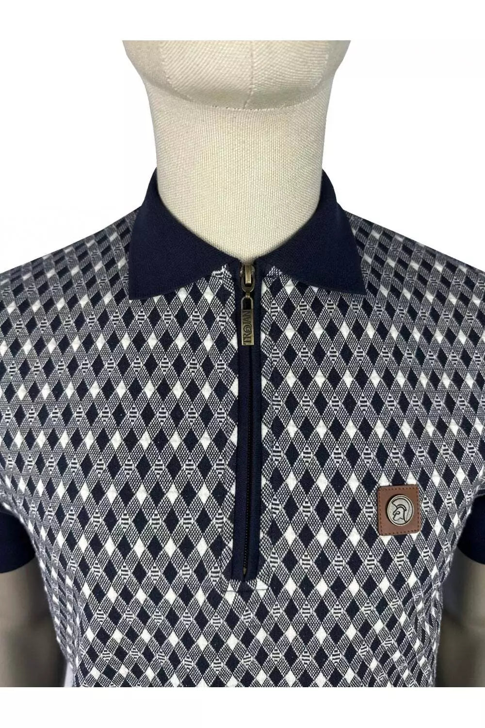 Trojan Diamond Jacquard Zip Panel Polo Shirt - Navy