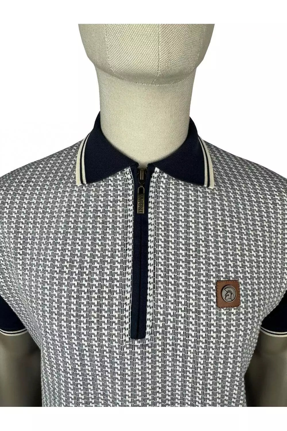 Trojan Textured Houndstooth Panel Polo Shirt - Navy