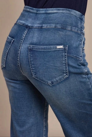 Tocada X Toxik3 Mid Rise Pull On Wide Leg Jeans - Mid Blue Wash
