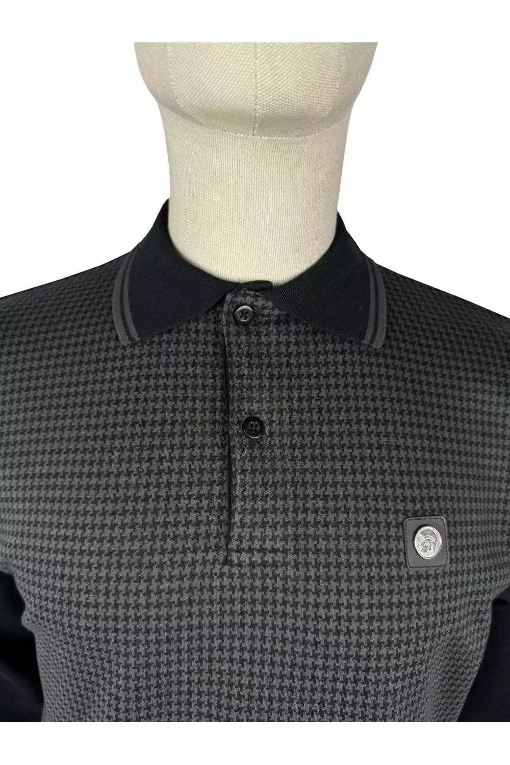 Trojan Houndstooth Panel Long Sleeve Polo - Black