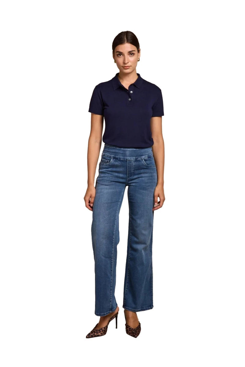 Tocada X Toxik3 Mid Rise Pull On Wide Leg Jeans - Mid Blue Wash