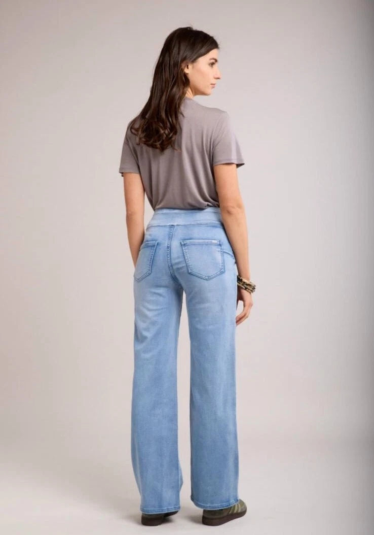 Tocada X Toxik3 Mid Rise Pull On Wide Leg Jeans - Light Blue Wash