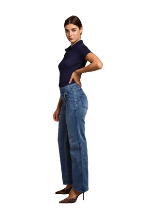 Tocada X Toxik3 Mid Rise Pull On Wide Leg Jeans - Mid Blue Wash