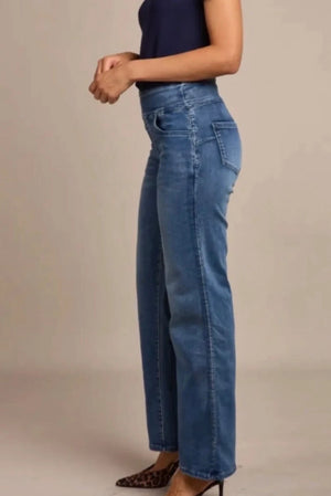 Tocada X Toxik3 Mid Rise Pull On Wide Leg Jeans - Mid Blue Wash