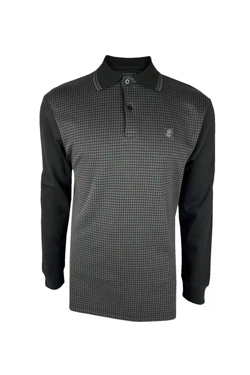 Trojan Houndstooth Panel Long Sleeve Polo - Black