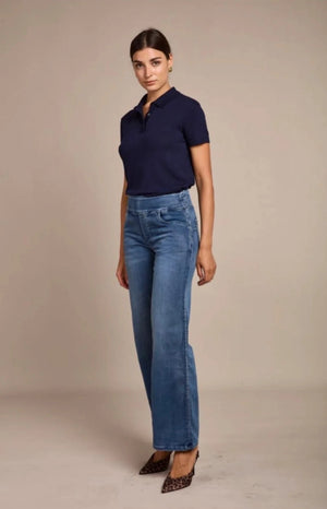 Tocada X Toxik3 Mid Rise Pull On Wide Leg Jeans - Mid Blue Wash