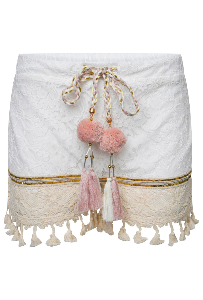 SEQUIN EMBROIDERED LACE POM POM SHORTS - WHITE