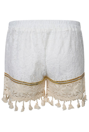 SEQUIN EMBROIDERED LACE POM POM SHORTS - WHITE