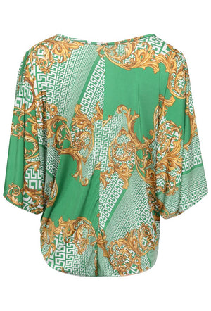 DB3 TIE FRONT CUT OUT SLEEVE BATWING PRINTED SUMMER TOP - GREEN