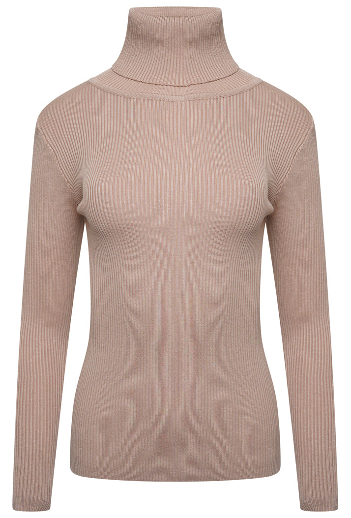 ROLL/POLO NECK RIBBED KNIT TOP - BEIGE