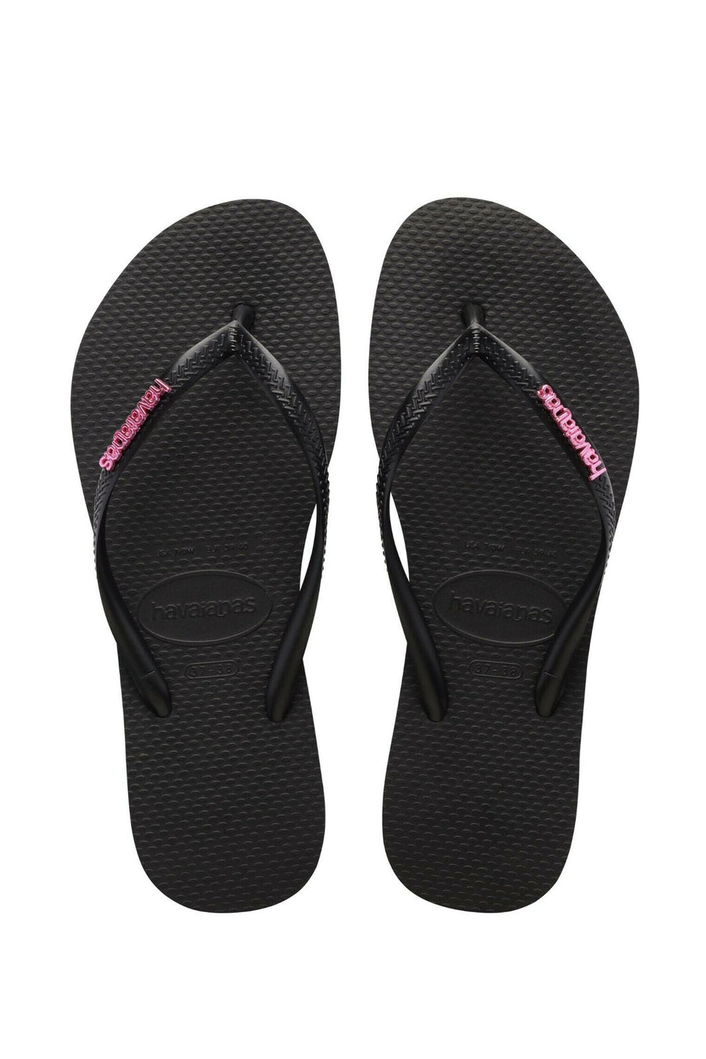 Havaianas Slim Logo Metallic Flip Flops - Black/Pink