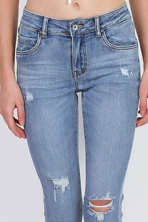 L20053-1 High Waist Ripped Skinny Jeans - Light Denim