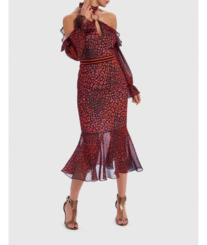 Roxanna Leopard Print Cold-Shoulder Contrast Ruffle Dress - Red