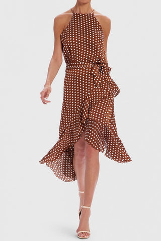 FOREVER UNIQUE U TAN & WHITE POLKA DOT WINNING HALTER NECK DRESS – db3online